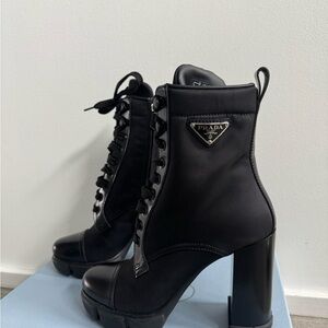 Prada Women's Elegant Black Lace-Up Heeled Boots